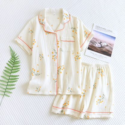 New summer women's cotton crepe three-piece short sleeve + shorts + trousers large size simple flower pajamas home service suit
