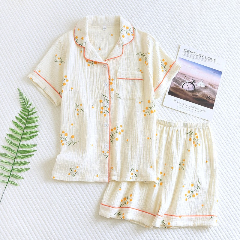 New summer women's cotton crepe three-piece short sleeve + shorts + trousers large size simple flower pajamas home service suit