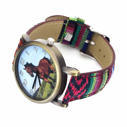 Running Horse Print Animal Unicorn Horses Fashion Men Women Stripes Denim Cloth Canvas Band Sport Quartz Watch