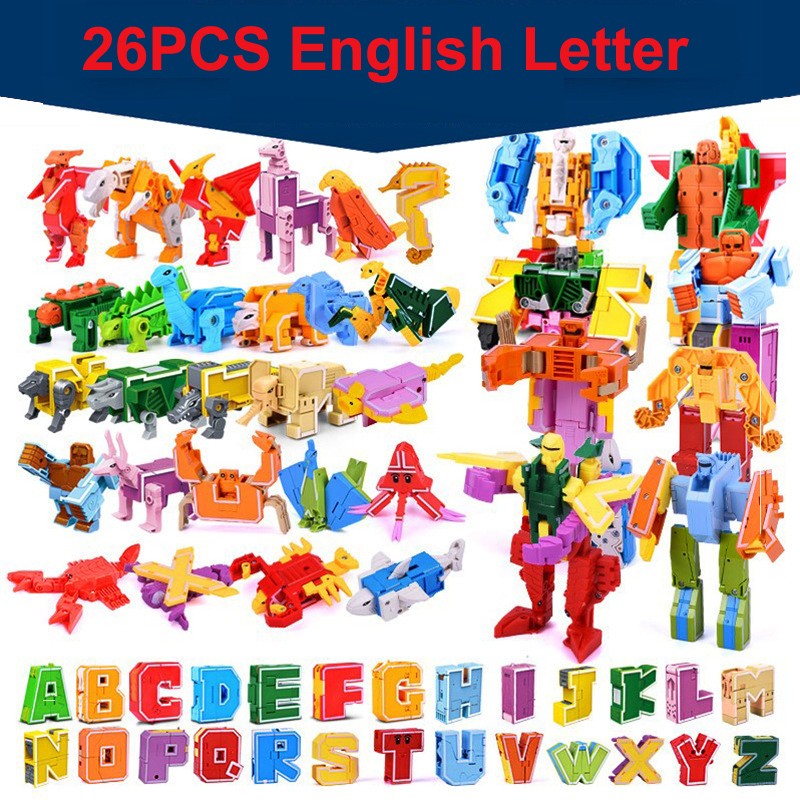 26 GUDI Inglês Carta Alfabeto Transformação Robô Dinossauro Deformação Animal Figura de Ação Aprenda A-Z Conjunto de Brinquedos