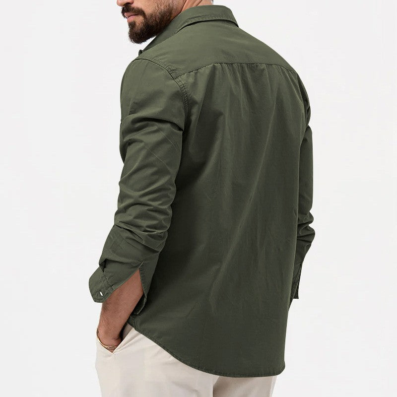 Safari Cotton Shirts Mens Outdoor Work Travel Button Down Tops Casual Long Sleeve Hiking Camping Utility Shirt With Flap Pocket