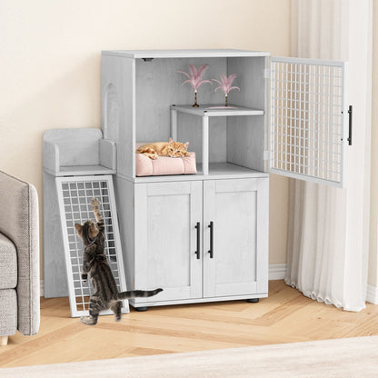 Caixa de Areia para Gatos Oculta com Plataforma, Móvel para Gatos de Camada Dupla, Móvel para Banheiro de Gatos, Casinha de Gatos com Escada