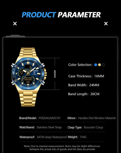 POEDAGAR Top Sport Men Clock LED Luminous Waterproof Week Date Man Watch Electronic Stainless Steel Fashion Quartz Men's Watches