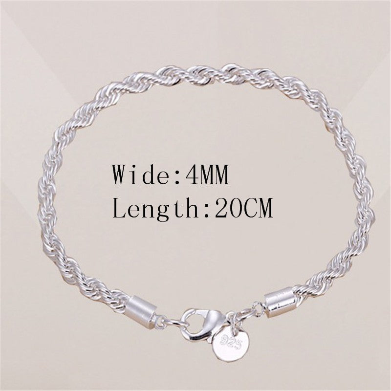 Braceletes de Corrente Torcida de Prata Esterlina 925 4MM para Mulheres e Homens, Joias Masculinas de Prata Minimalistas da Moda, Presentes para Casais