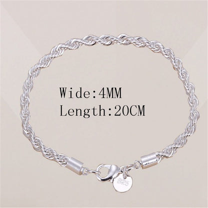 Braceletes de Corrente Torcida de Prata Esterlina 925 4MM para Mulheres e Homens, Joias Masculinas de Prata Minimalistas da Moda, Presentes para Casais