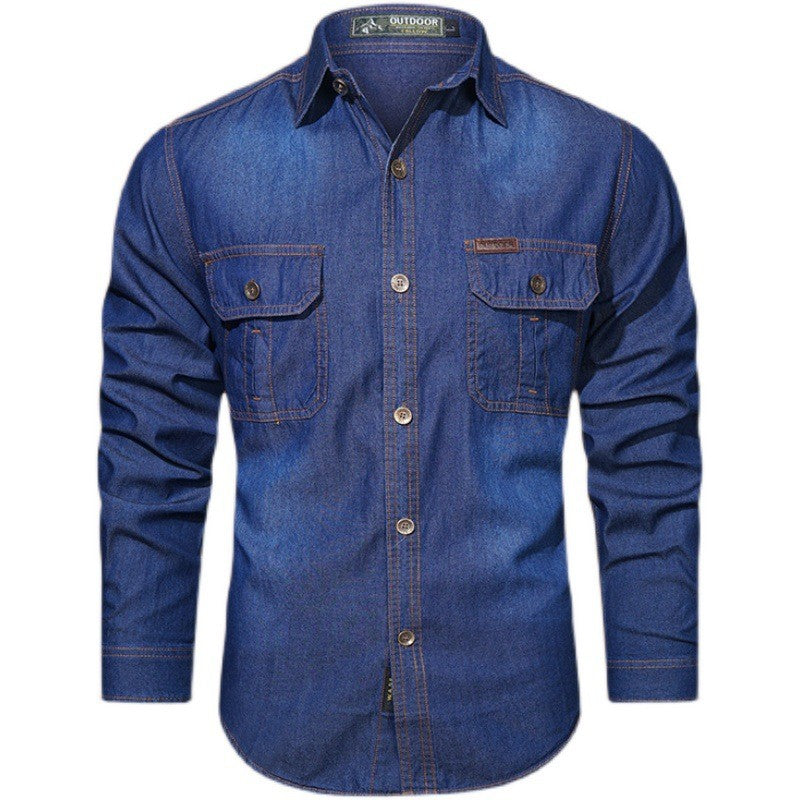 New Spring Men Outdoor Multi-pocket Denim Tooling Shirts Man Long-sleeved Denim