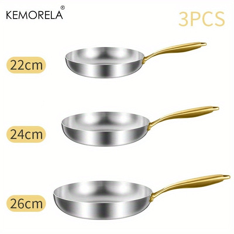 KEMORELA 3PCS 316 Stainless Steel Gold Handle Non-Stick Frying Pan Set 2MM Thick 5-Ply Wok Pan Food Grade Safety Multiple Sizes