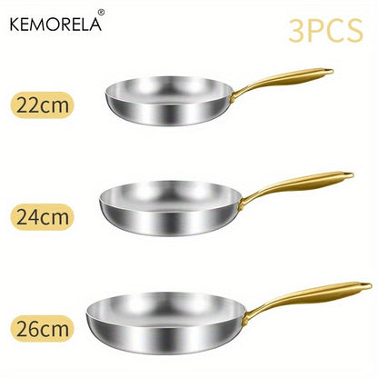 KEMORELA 3PCS 316 Stainless Steel Gold Handle Non-Stick Frying Pan Set 2MM Thick 5-Ply Wok Pan Food Grade Safety Multiple Sizes