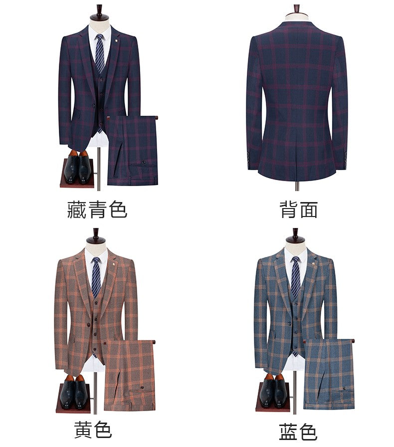 Men's Spring Autumn Wedding Suit 2024 Three-Piece Set Slim Fit Checkered British Style with Waistcoat And Trousers
