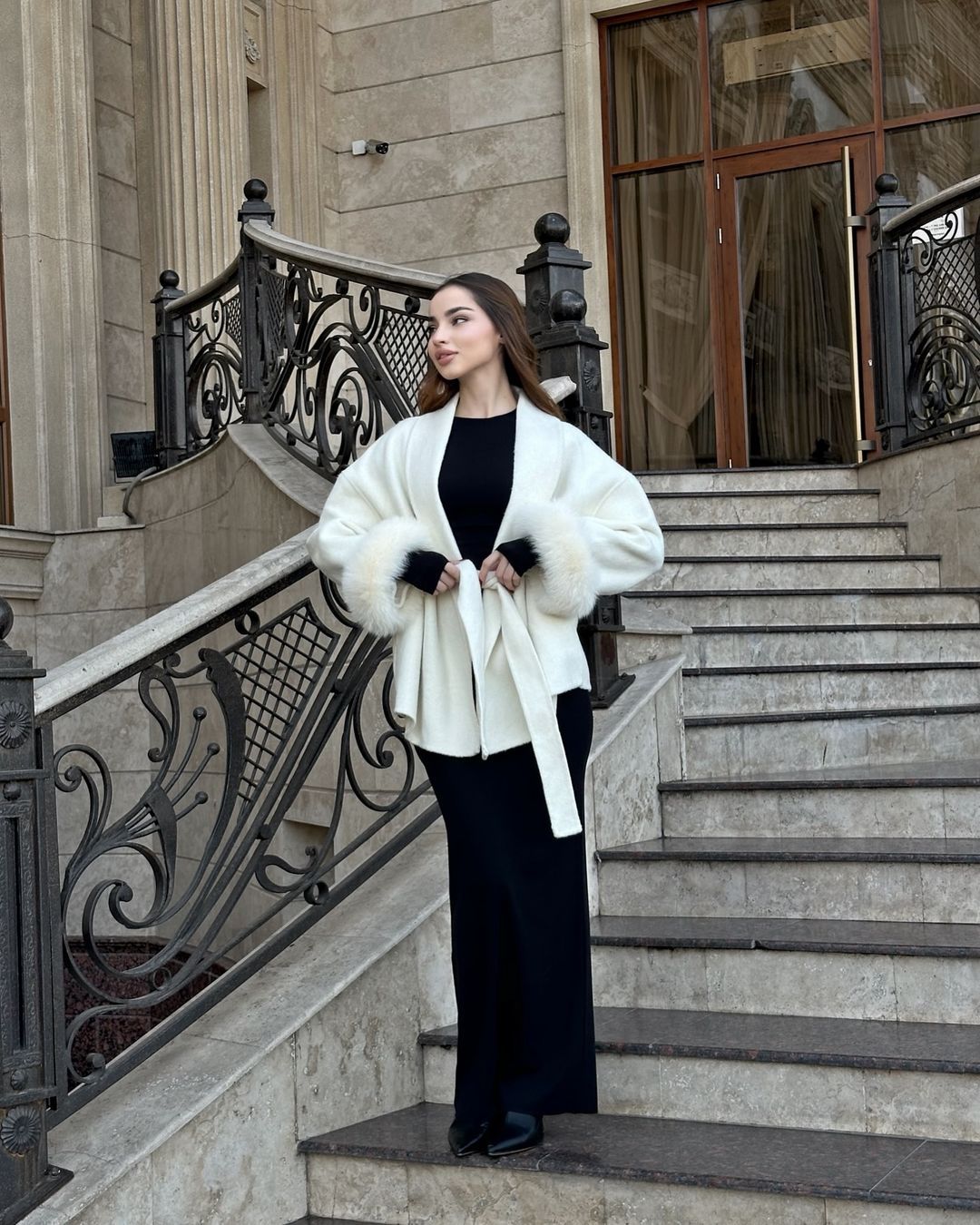 Casual Fur Patchwork Lace Up Woolen Coat Women Elegant V-neck Full Sleeve Loose Outerwear Lady Autumn Daily Commute Street Coats