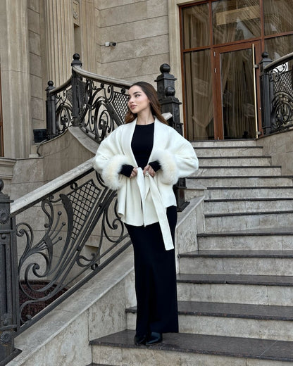 Casual Fur Patchwork Lace Up Woolen Coat Women Elegant V-neck Full Sleeve Loose Outerwear Lady Autumn Daily Commute Street Coats