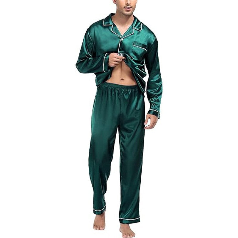 2PCS/Set Plus Size Solid Long-Sleeved Pyjamas Men Spring and Autumn Silk Sleepwear Homewear Cardigan Lapel Trousers Nightwear