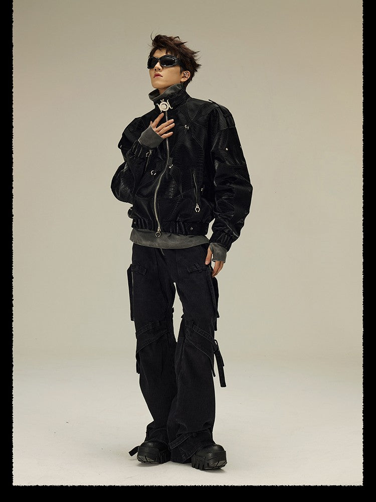 Mauroicardi Spring Autumn Cool Short Shiny Black Crocodile Print Pu Leather Jacket Men Luxury Designer Y2K Streetwear Clothes