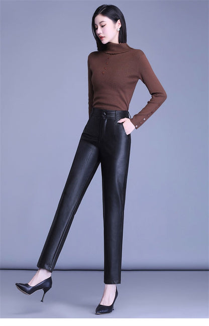2023 Spring Autumn Sheepskin Pants Women High-waist Straight Pants Slim Lady Genuine Leather Casual Trousers Ankle-Length Pants