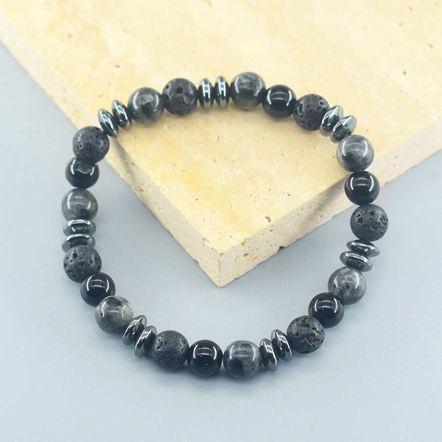 Pulseira Clássica Preta de Contas de Pedra Vulcânica Labradorita Natural, Joia Masculina e Feminina de Proteção Espiritual e Equilíbrio Energético