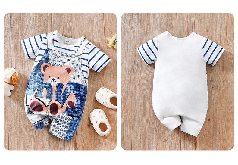 Baby Clothes Cute Cartoon Bear Fake Shoulder Strap Comfortable And Soft 0-18 Boys And Girls Summer Short Sleeved Baby Jumpsuit