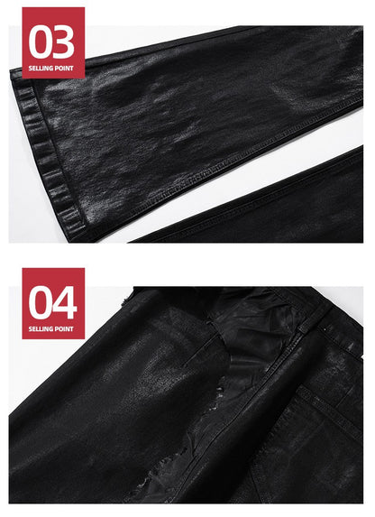 MIJKO Black Wax Leather Strecth Jeans for Men Women Baggy Flare Pants Oversized Straight Denim Trousers ZJ004