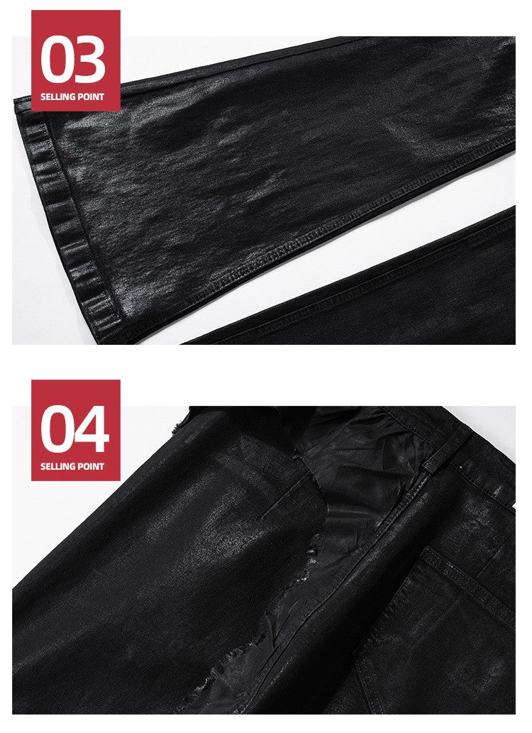 MIJKO Black Wax Leather Strecth Jeans for Men Women Baggy Flare Pants Oversized Straight Denim Trousers ZJ004