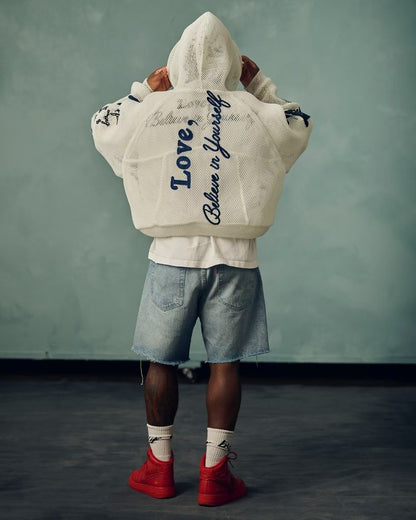 Streetwear hip-hop top letter pattern mesh breathable men hoodie 2025 fashion casual oversized clothing trendy loose sportswear