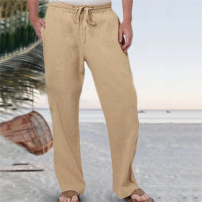 Mens Fashion Casual Pants Solid Color Breathable Cotton Linen Elastic Waist Straight Pants With Pockets Large Size White Pants