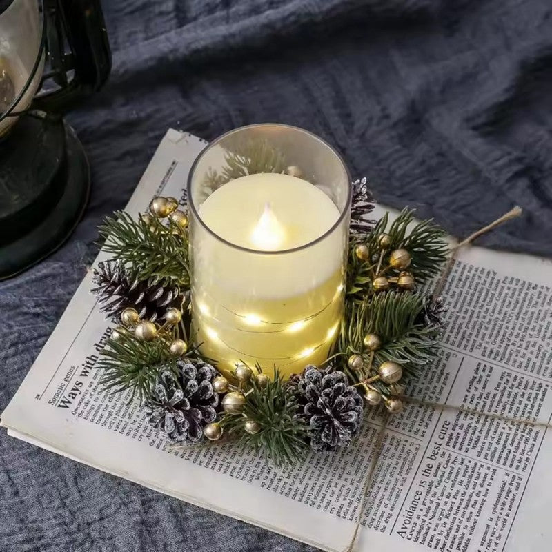 1/2pcs Christmas Candle Holders with Artificial Pine Branches & Berries New Year Tabletop Home Decorations Candle Wreath Gifts