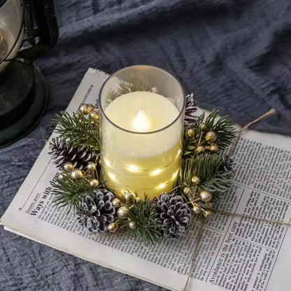 1/2pcs Christmas Candle Holders with Artificial Pine Branches & Berries New Year Tabletop Home Decorations Candle Wreath Gifts