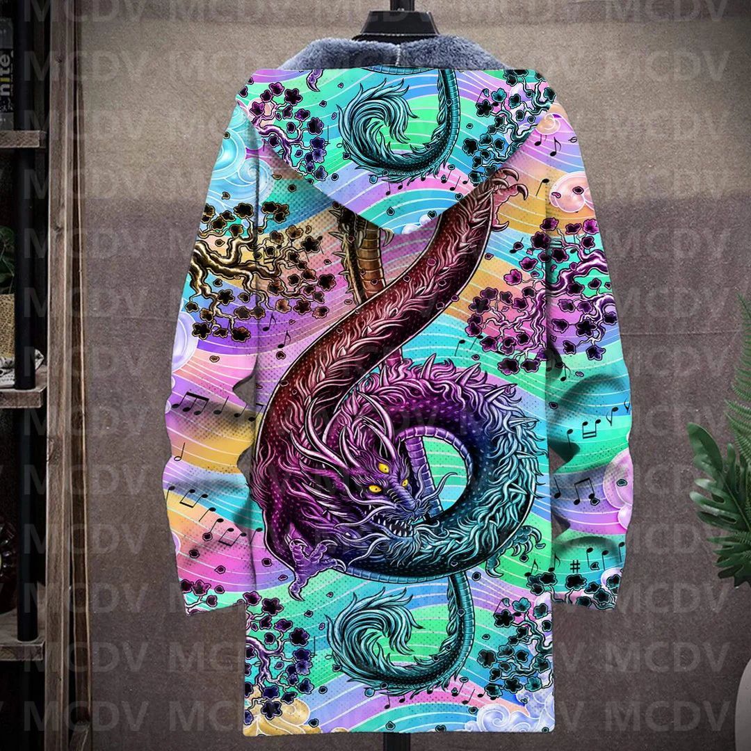 Men's Retro Print Plush Thick Long-Sleeved Coat Cardigan Dragon 3D Prined Fleece Hooded Overcoat Unisex Thick Warm Jacket
