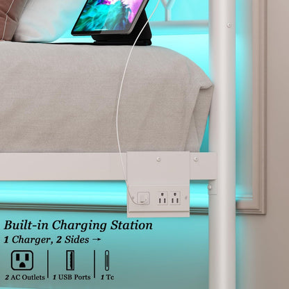 Estrutura de Cama de Plataforma de Metal Branco Tamanho Twin com Cabeceira, Estação de Carregamento, Luzes LED e Armazenamento de 30 cm Debaixo da Cama
