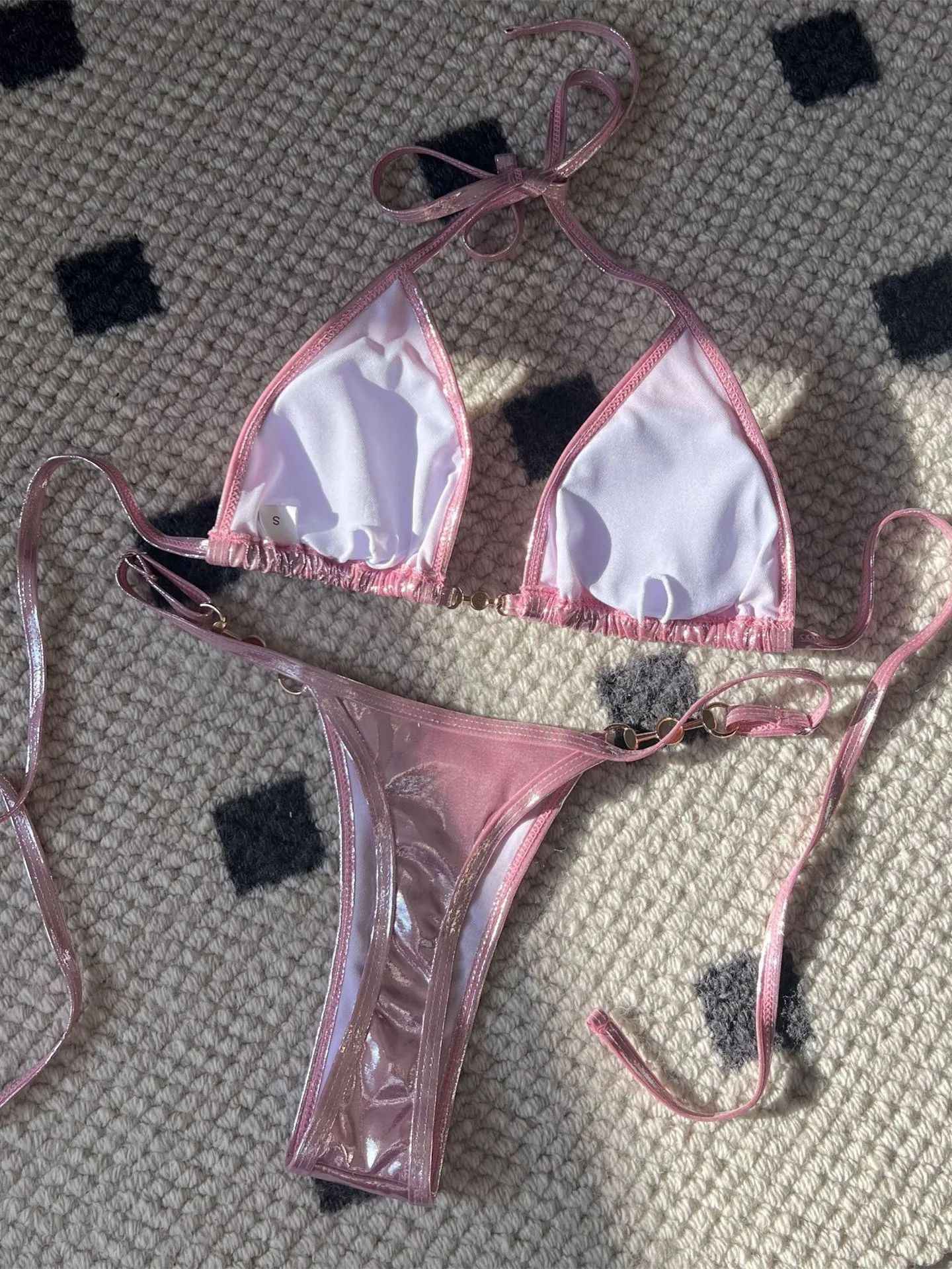 Shiny Pink Micro Bikini 2025 Mujer Women Sexy PU Pearls Push Up Thong Swimsuit Summer Bathing Suit Bandage Holiday Swimwear