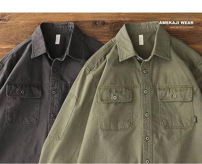 2025 Spring New American Retro Heavyweight Woven Cargo Shirt Men's Simple 100% Cotton Washed Double Pocket Blousers Loose Caot