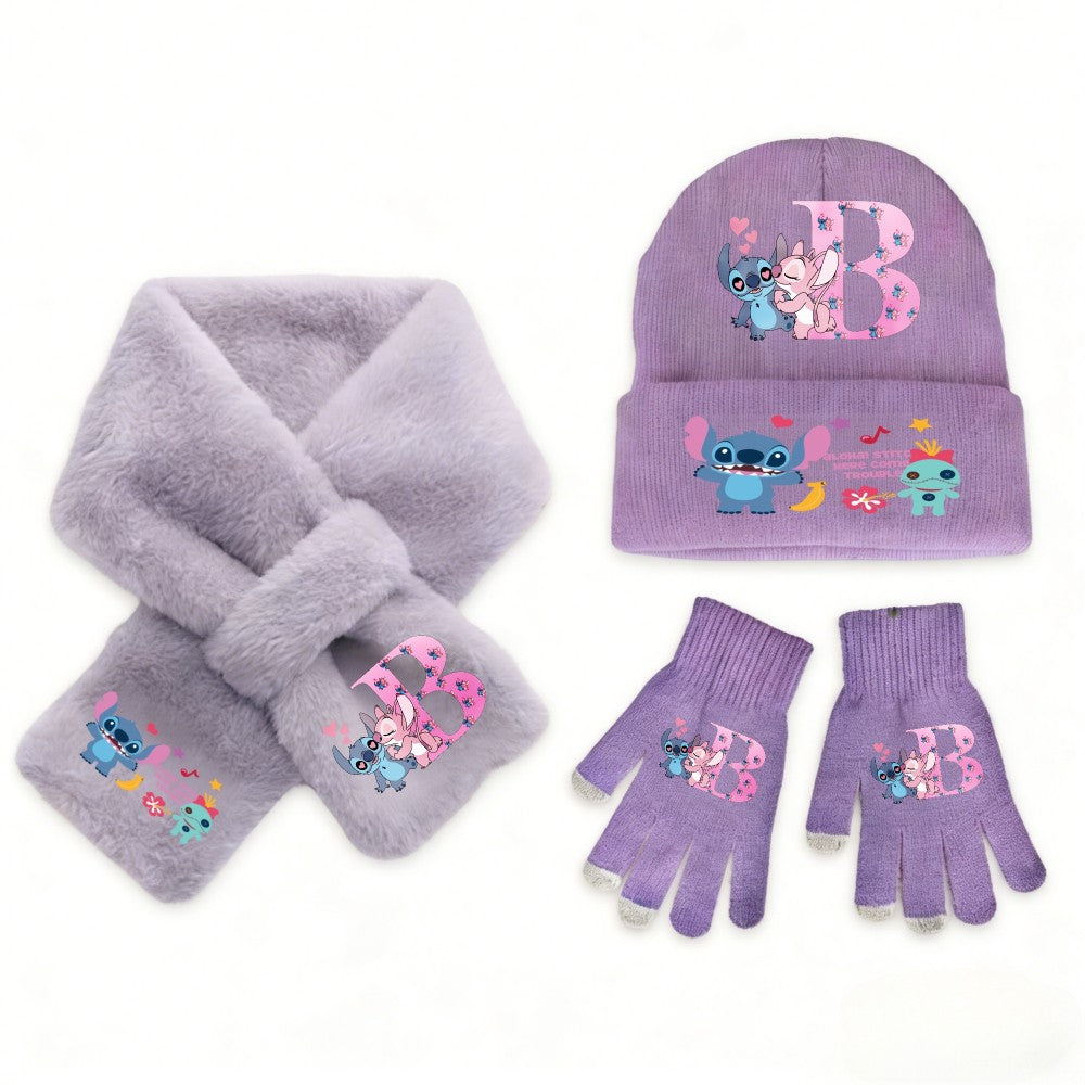 Conjunto Disney Anime Stitch 3 Peças Gorro Luva Cachecol Infantil Menina Quente Macio Tricô Inverno Acessórios Casuais Moda Presente de Aniversário Perfeito