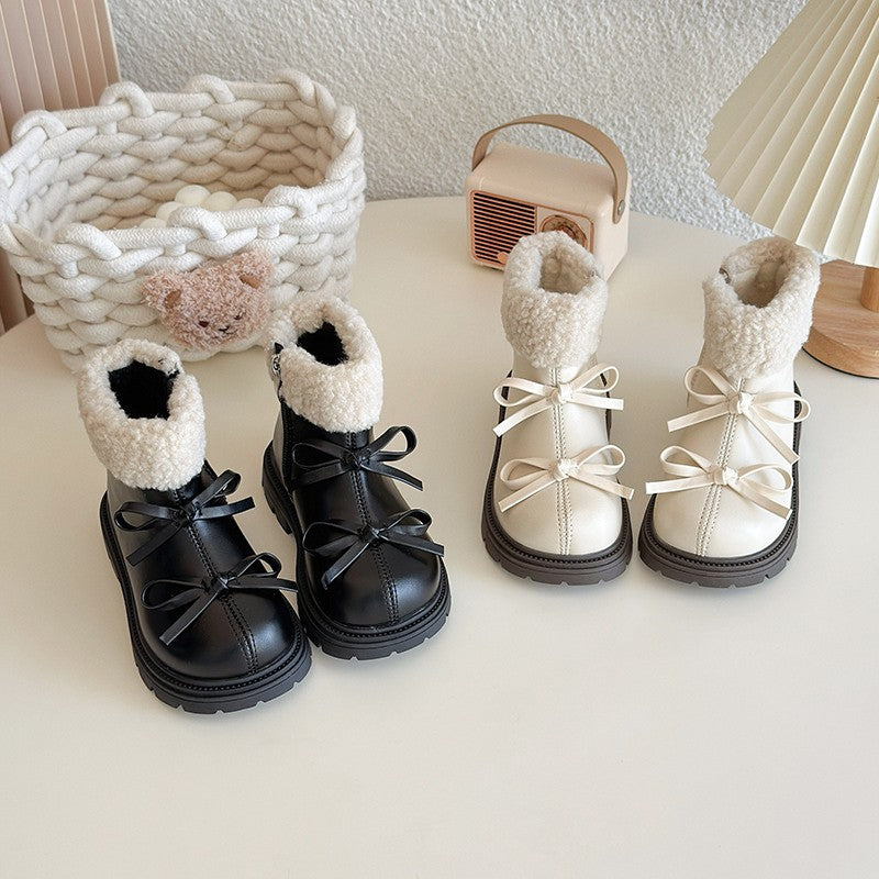 Girls Padded Fashion Leather Boots 2-18 Years Old Thickened Bow Hairy Girls Cotton Shoes Winter Beige Soft Non-slip Kids Boots