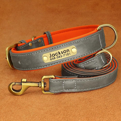 Conjunto Personalizado de Coleira e Guia de Couro para Cães Coleira de Couro Acolchoada Macia para Cães de Pequeno, Médio e Grande Porte com Placa de Identificação Grátis
