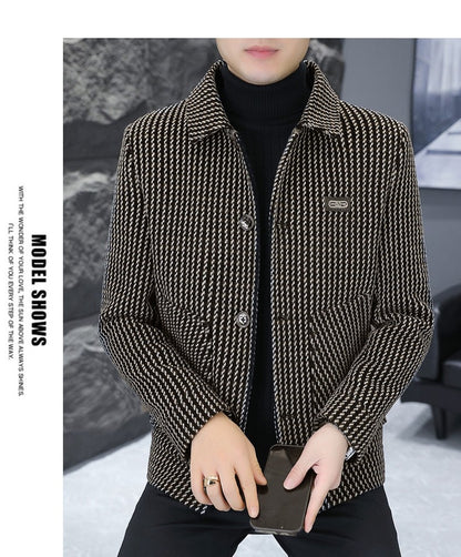 Korean Fashion Woolen Jacket for Men 2023 Winter Plaid Casual Business Trench Coat Slim Social Office Street Wear Short Overcoat