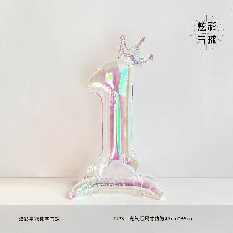 32Inch Transparent Colorful Crown Digital Aluminum Film Balloon with Base Happy Birthday Party Decor Kids Adults Baby Showers