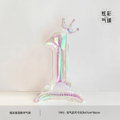 32Inch Transparent Colorful Crown Digital Aluminum Film Balloon with Base Happy Birthday Party Decor Kids Adults Baby Showers
