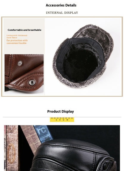 Men's Genuine Leather Duckbill Hat Winter Thickened Warm Outdoor Earflap Cotton Cap Elderly Real Leather Hat Cowhide Warm