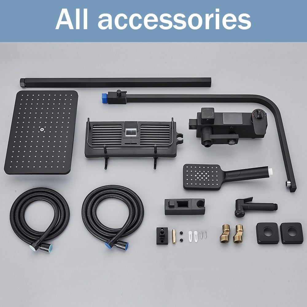 Black Digital Display Thermostatic Shower Faucet Bathroom Thermostatic 4 ways Rainfall Shower Mixer Tap,Shelf and Bidet Faucets