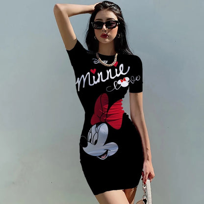 Women's Dress Casual Disney Cartoon Fashion Print Mickey 3XL Elegant Dresses for Women 2024 Top Sexy Slim Fit Minnie Mouse Tight
