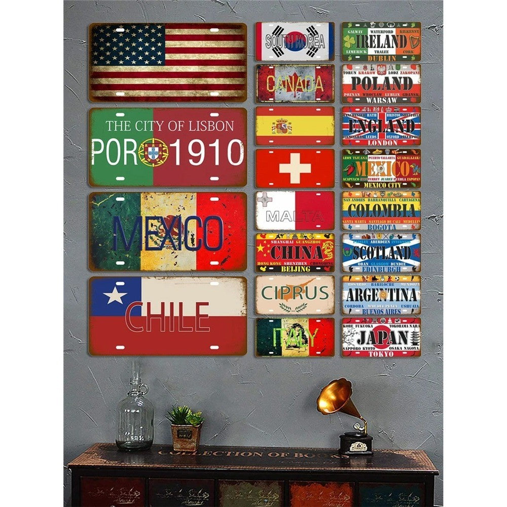 Plaque Tin Sign France Russia Spain Metal Sign Germany USA Country Flag License Plate For Wall Home Restaurant Craft Bar Decor