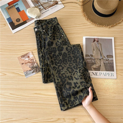 Casual Loose Womens Jeans Retro American Style Leopard Print Design Straight Leg Pants Workwear Fashion Winter  Women's pants
