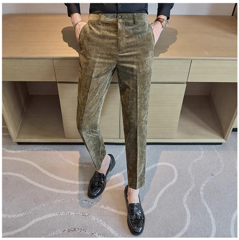 Novas calças de terno de veludo cotelê masculinas para outono e inverno moda masculina negócios sociais casamento baile festa vestido calça slim fit
