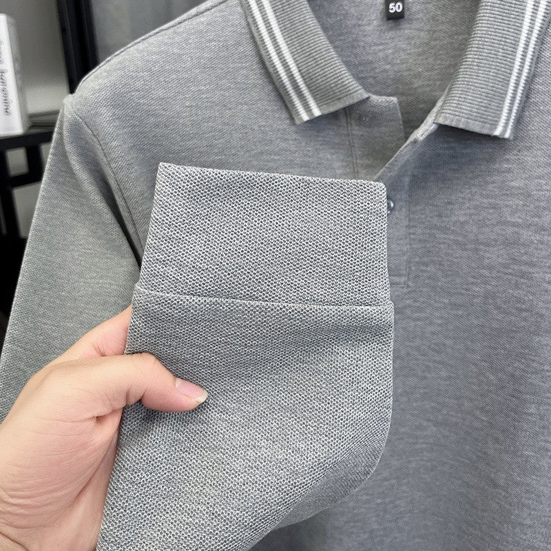 100Cotton Luxury Quality Men's Polo Shirt Striped Collar Breathable V-Print Long Sleeve Autumn Lapel T-Shirt Business Menswear