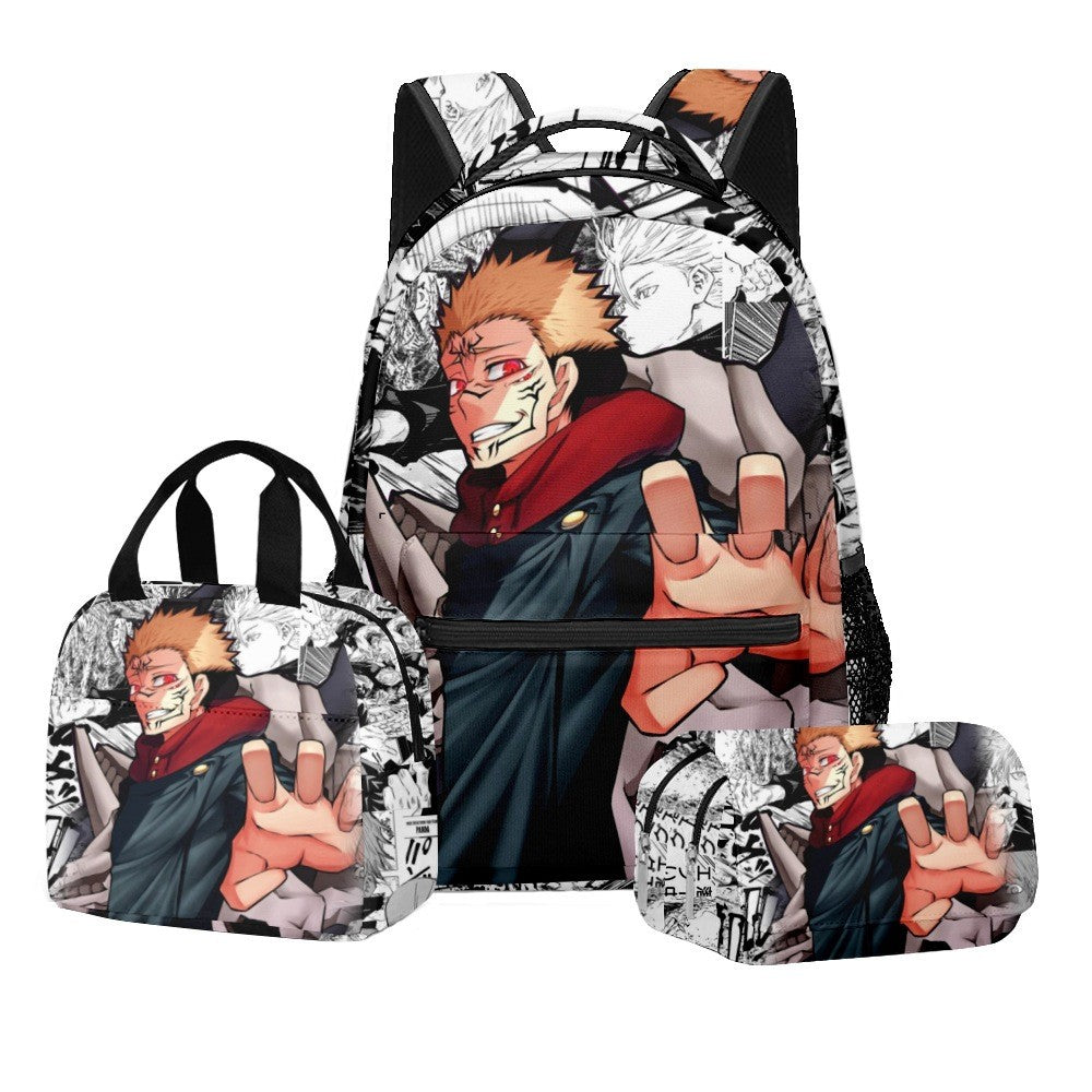 Anime Estampa Digital Jujutsu Kaisen Conjunto Escolar Mochila Grande Capacidade Lancheira Estojo de Lápis 2 Camadas 3 Peças Presente para Menino