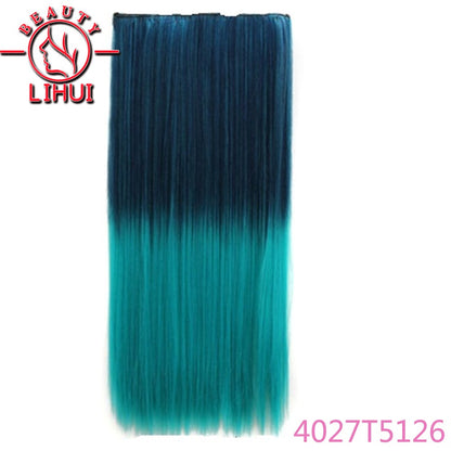 Extensões de cabelo sintéticas com clipe, longas e lisas, com 5 clipes em uma única peça, extensões de cabelo multicoloridas LIHUI