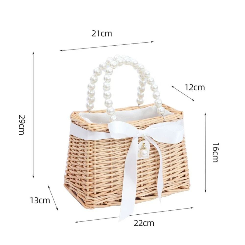 Straw Tote Hand Bags Summer Pearl Handle Handmade Knitted Handbag Storage Rattan Weaving Basket Shoulder Bag Women Girls