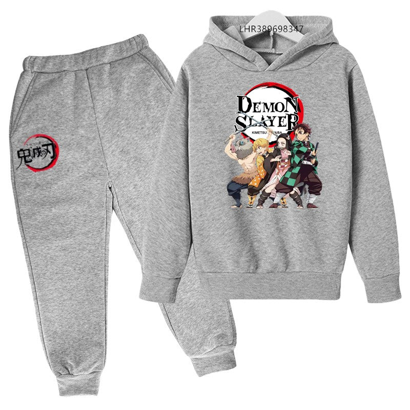 Anime Demon slaying ninja Suitable for children's hooded sweatshirt outerwear pants set autumn winter clothing for boys girls