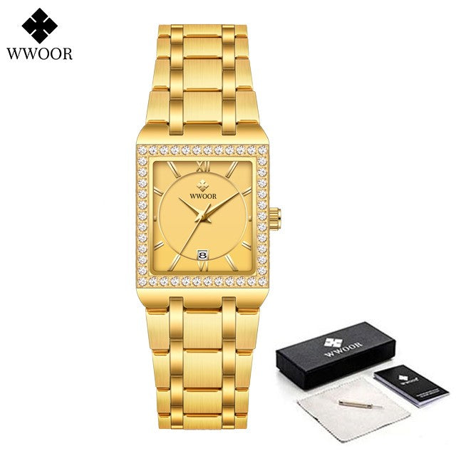 WWOOR Top Brand Luxury New Ladies Diamond Watch Fashion Square lady Wrist Watch Simple Women Dress Small Watch Relogio Feminino