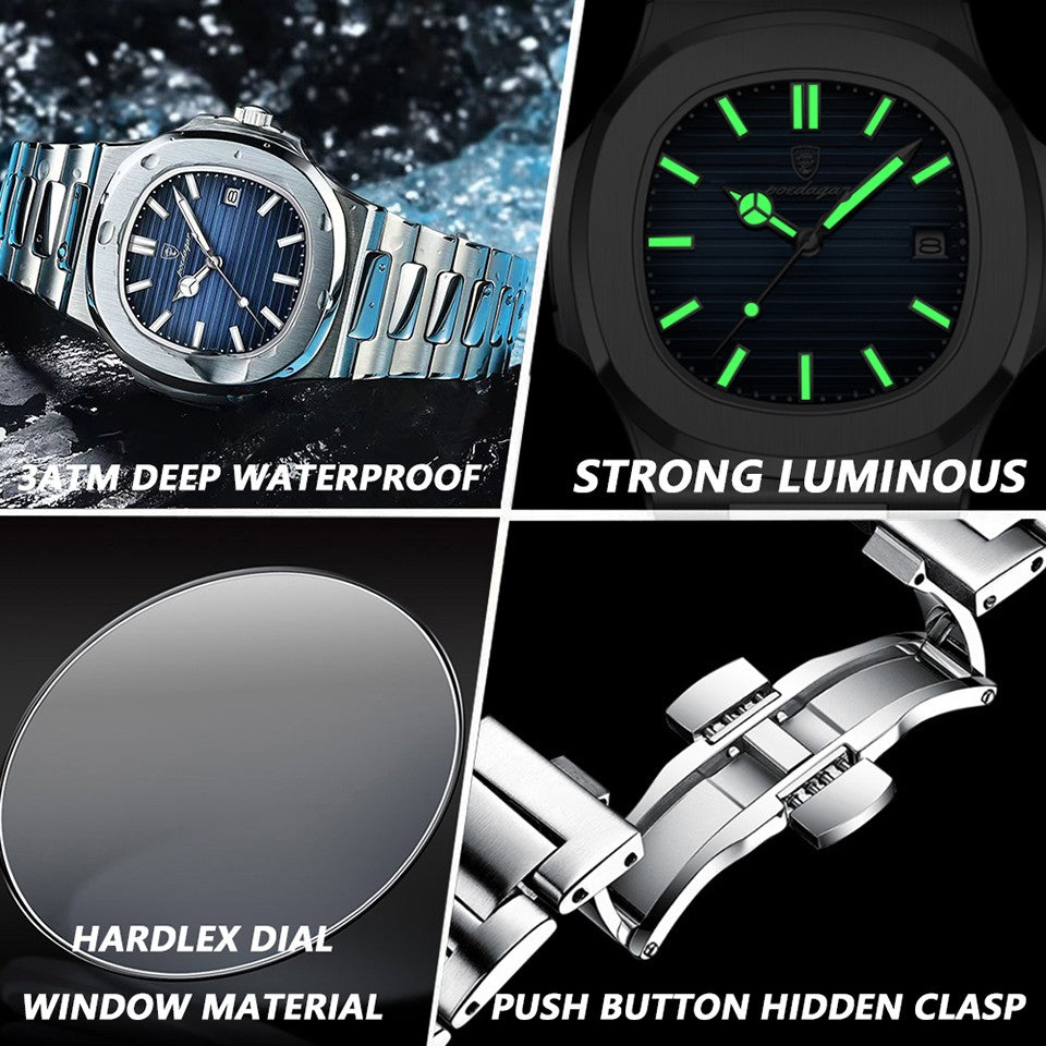 Relógio Masculino de Luxo POEDAGAR 50 ATM À Prova D'água Relógio Masculino Luminoso Data Aço Inoxidável Quadrado Quartzo Relógios Masculinos reloj hombre