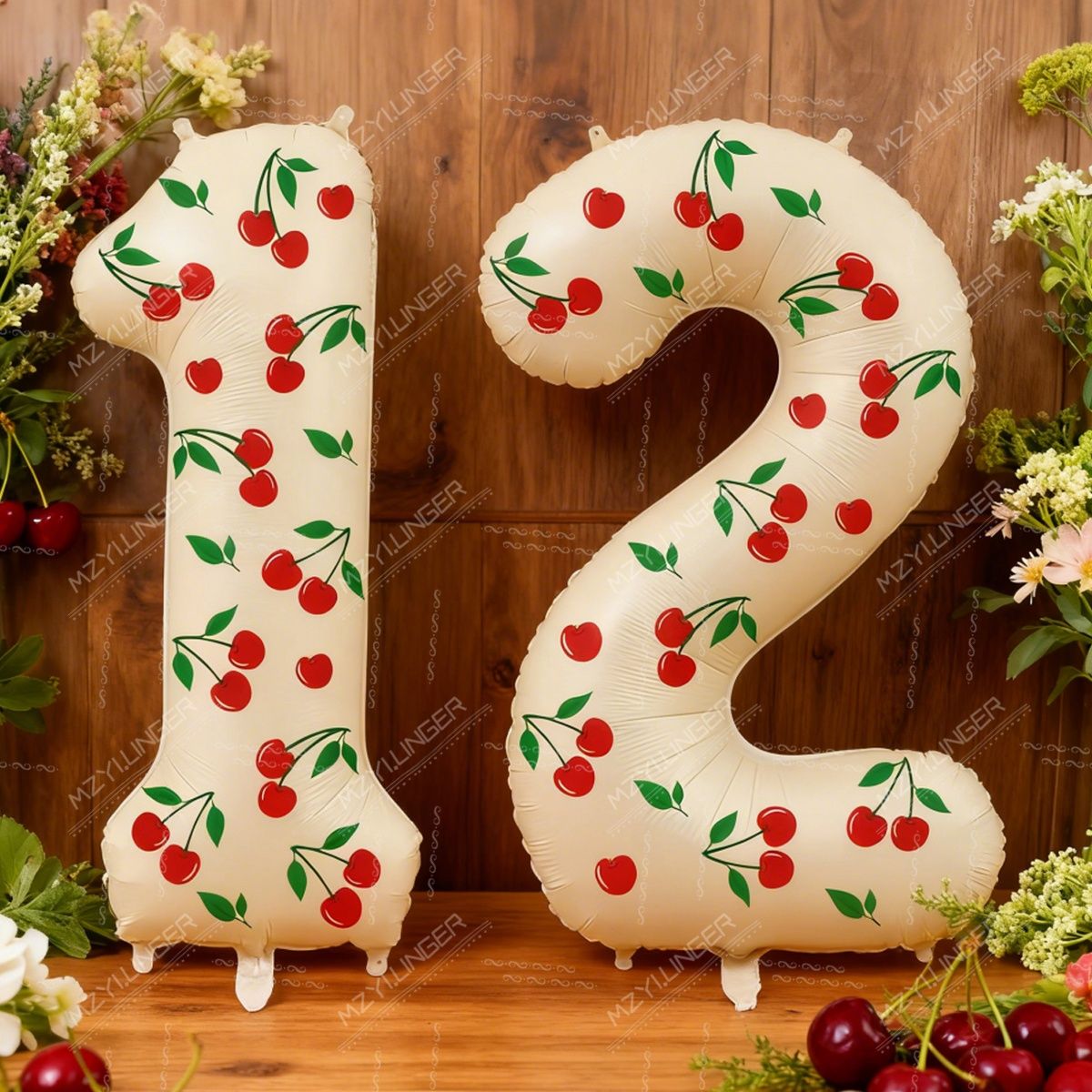 Cream White Number 0-9 Foil Balloons with Cherry Stickers Perfect for Cherry Theme Birthday Party Engagement Wedding Room Decor